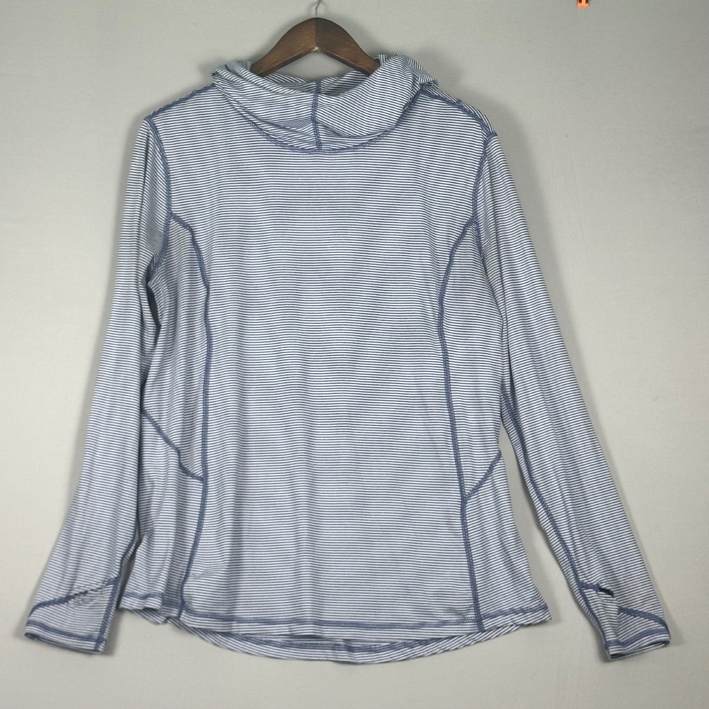 Danskin Now Hoodie Women L 12-14 Blue White Striped Excellent Thumbholes